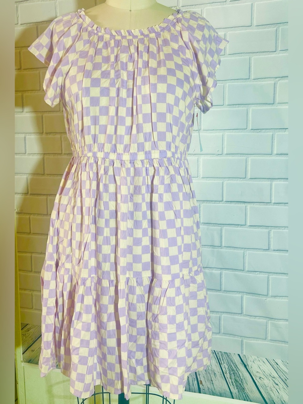 Cat & Jack Lavender and White Checkerboard Tiered Dress